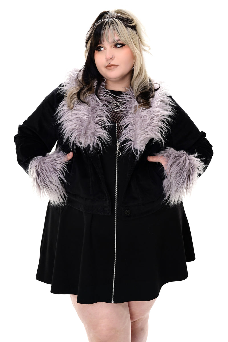 black corduroy button up jacket with grey shaggy faux fur on the collar and cuffs