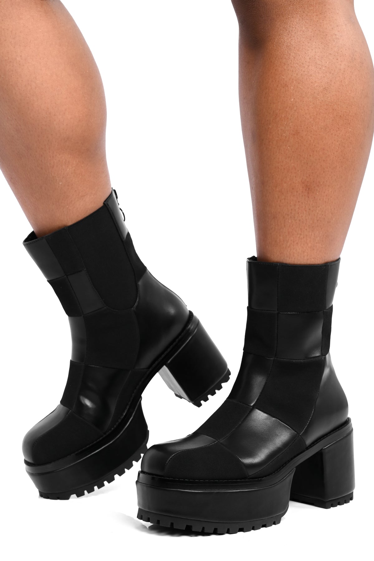 black pu leather and faux suede checker platform boots