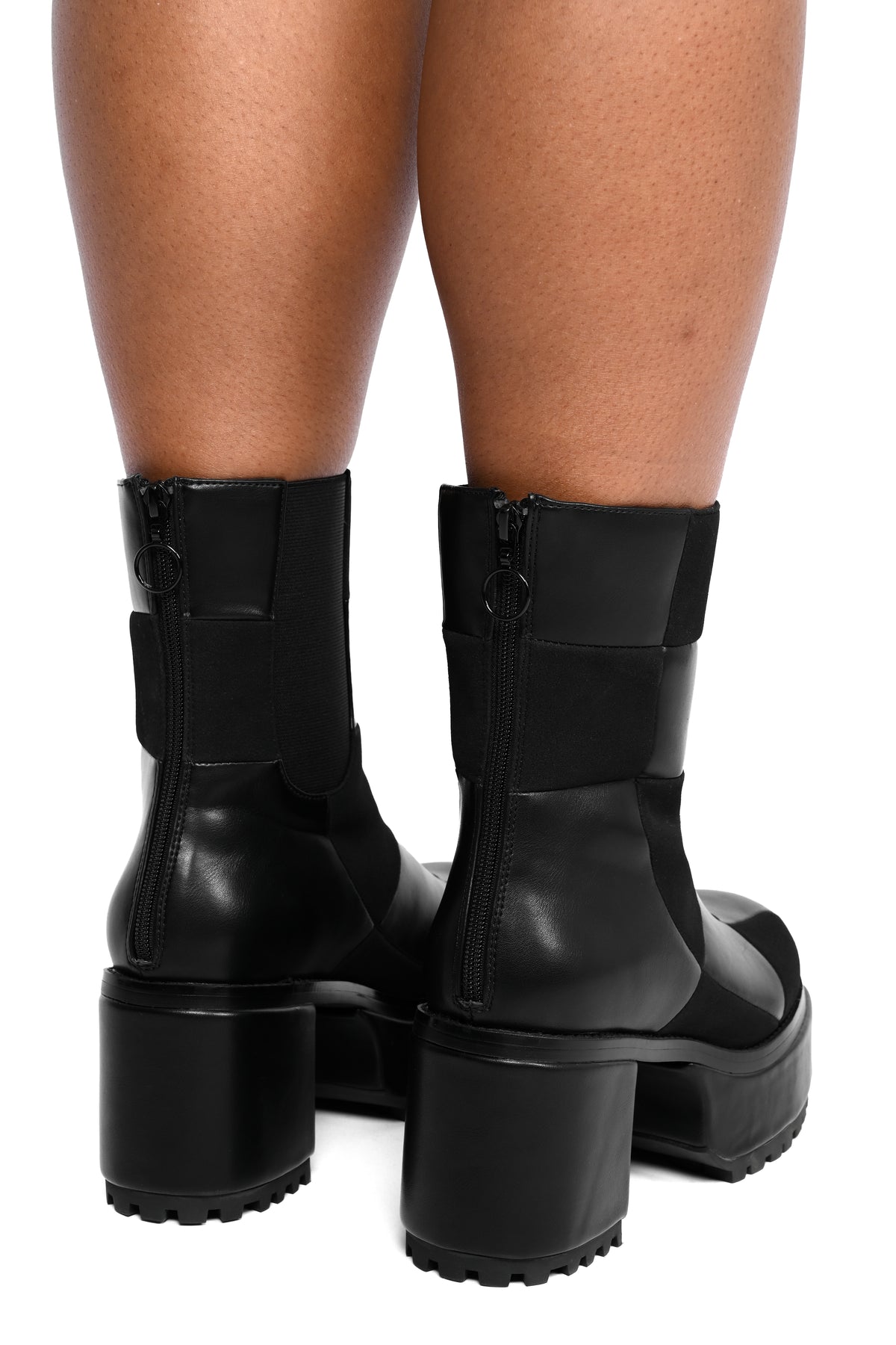 black pu leather and faux suede checker platform boots