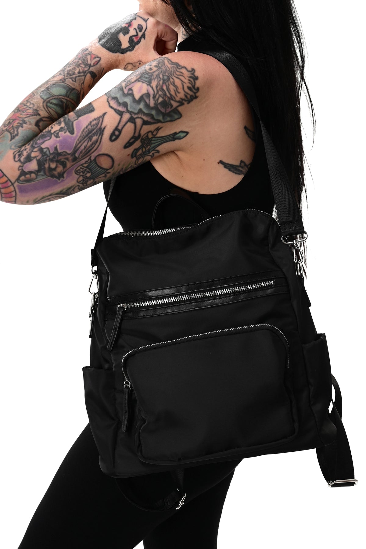 black nylon backpack with 2 front zipper pockets and shoulder strap