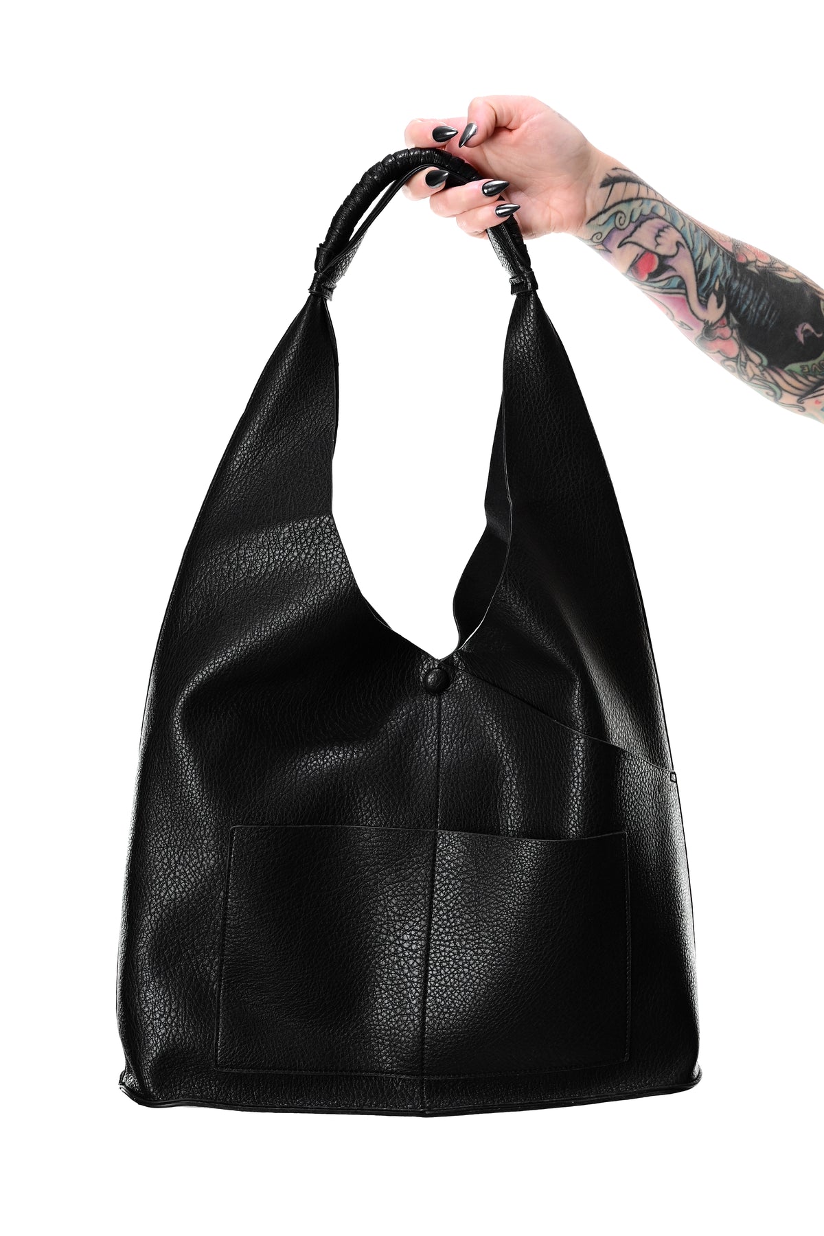 black faux leather slouchy shoulder bag with front pocket and included crossbody bag 