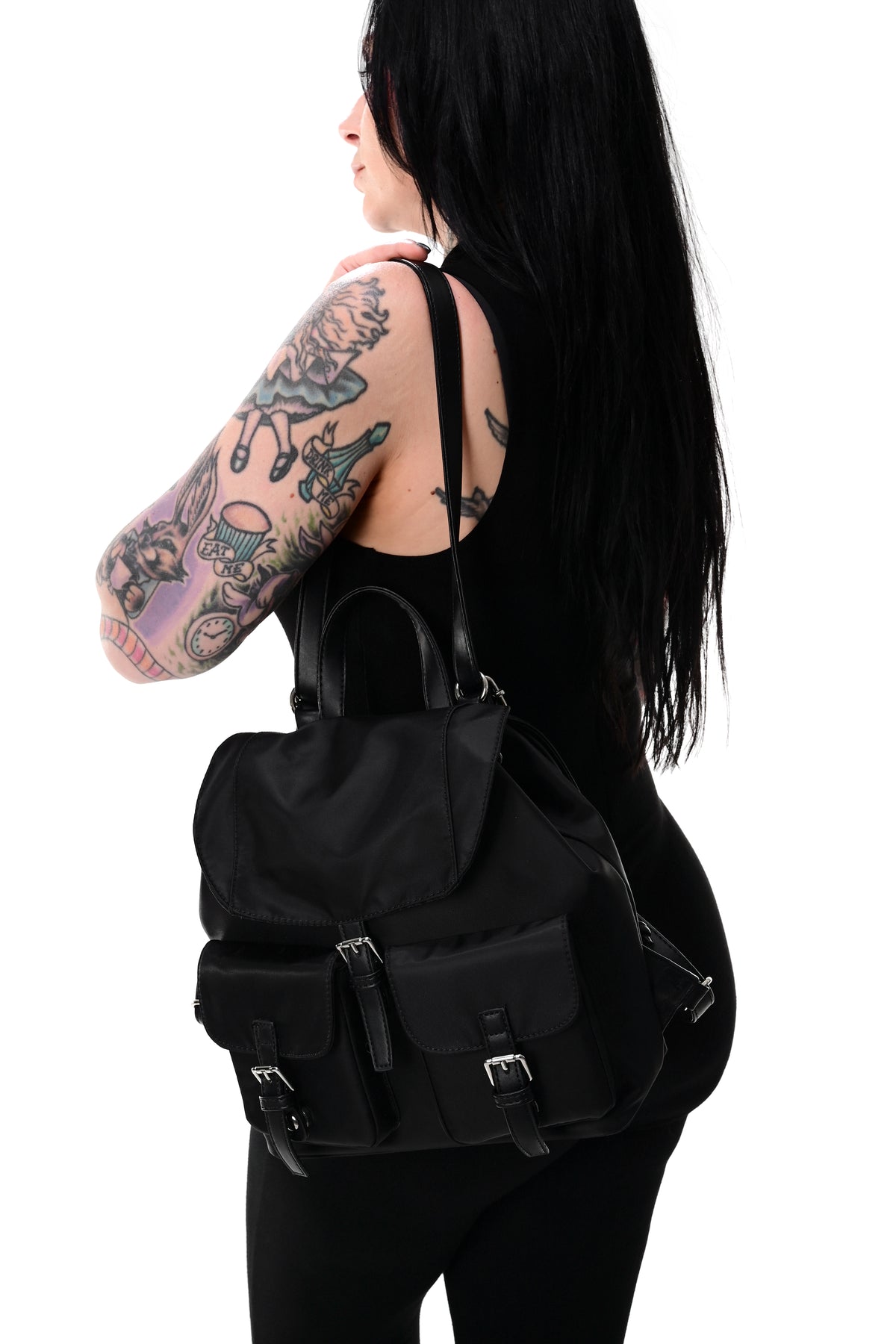 black nylon backpack with front pockets