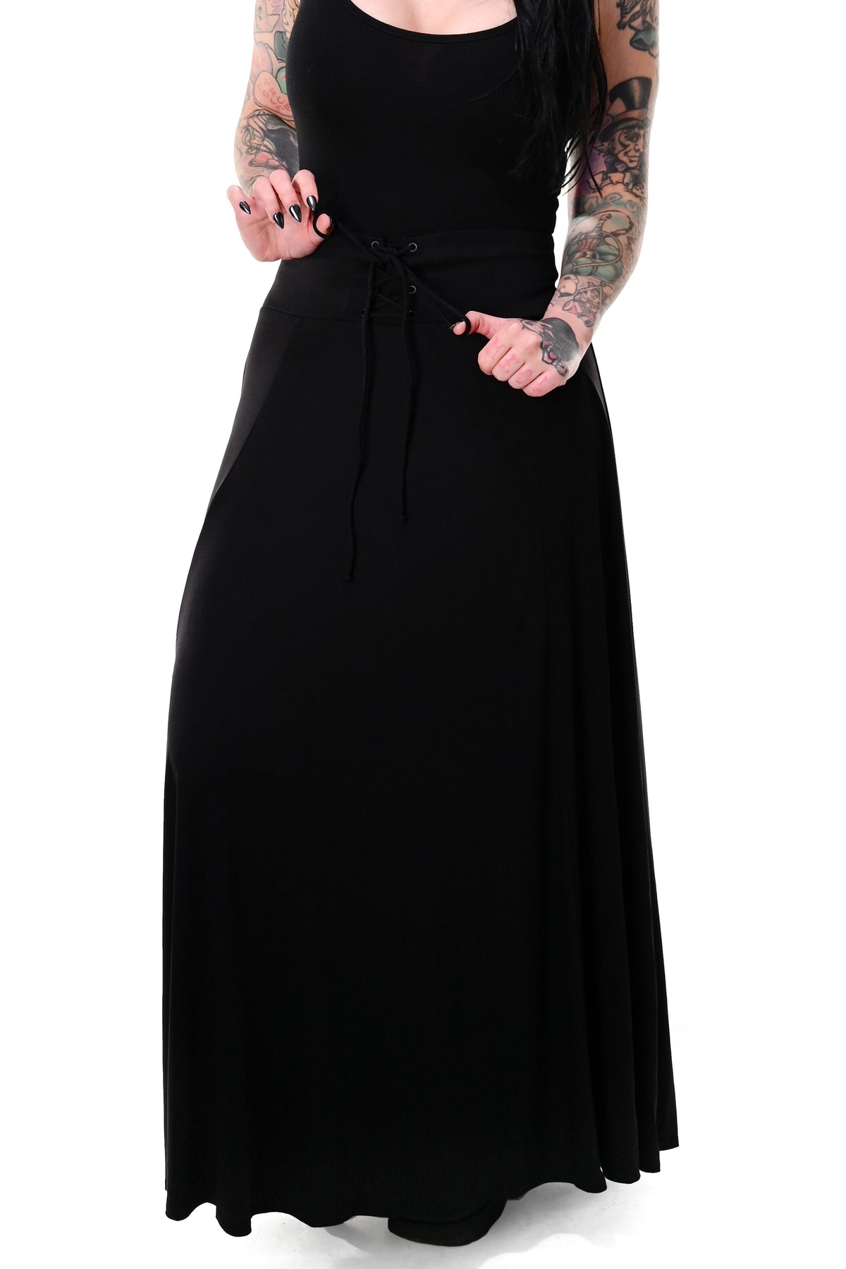 black high waisted maxi skirt with corset lace up front on waist