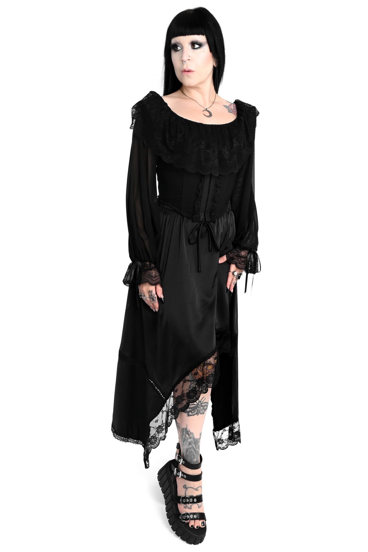 black satin handkerchief skirt with lace trim