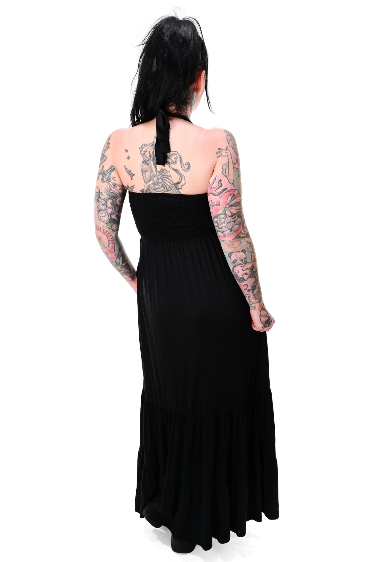 black tiered maxi dress with smocked top and halter tie straps