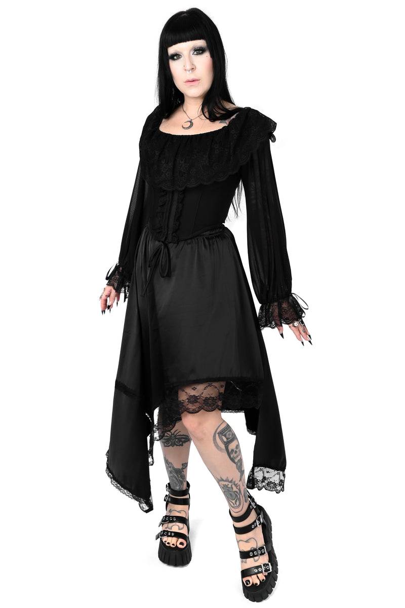 black satin handkerchief skirt with lace trim