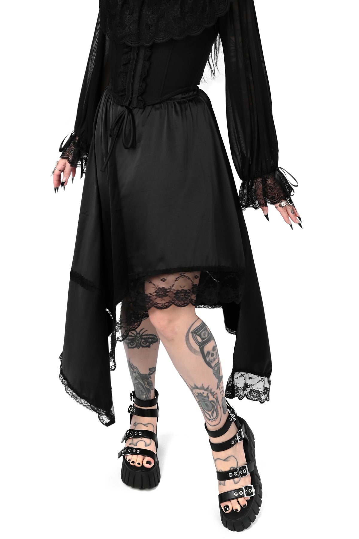 black satin handkerchief skirt with lace trim