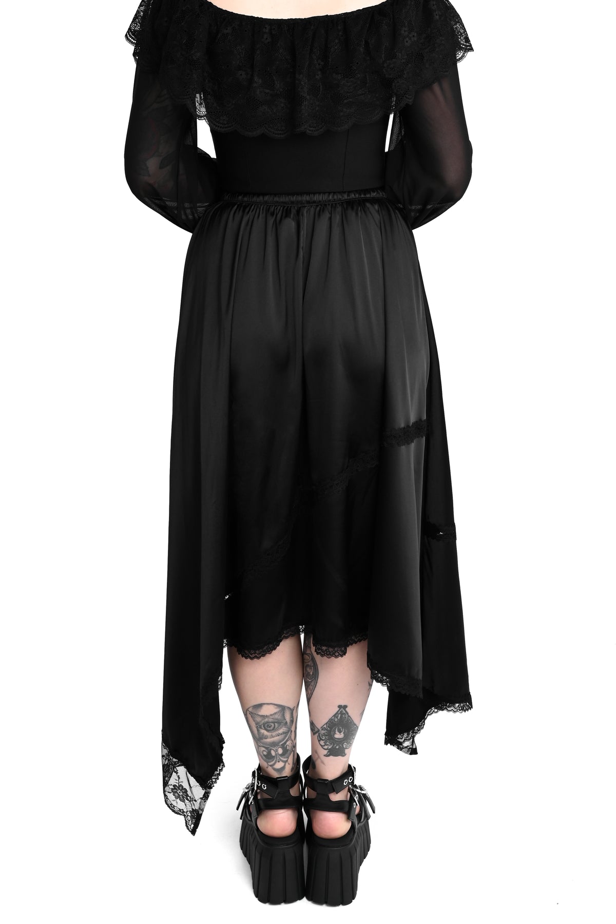 black satin handkerchief skirt with lace trim