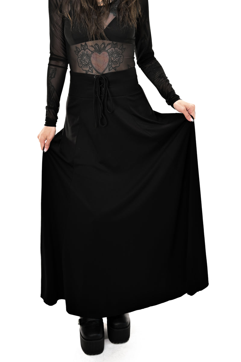 black high waisted maxi skirt with corset lace up front on waist