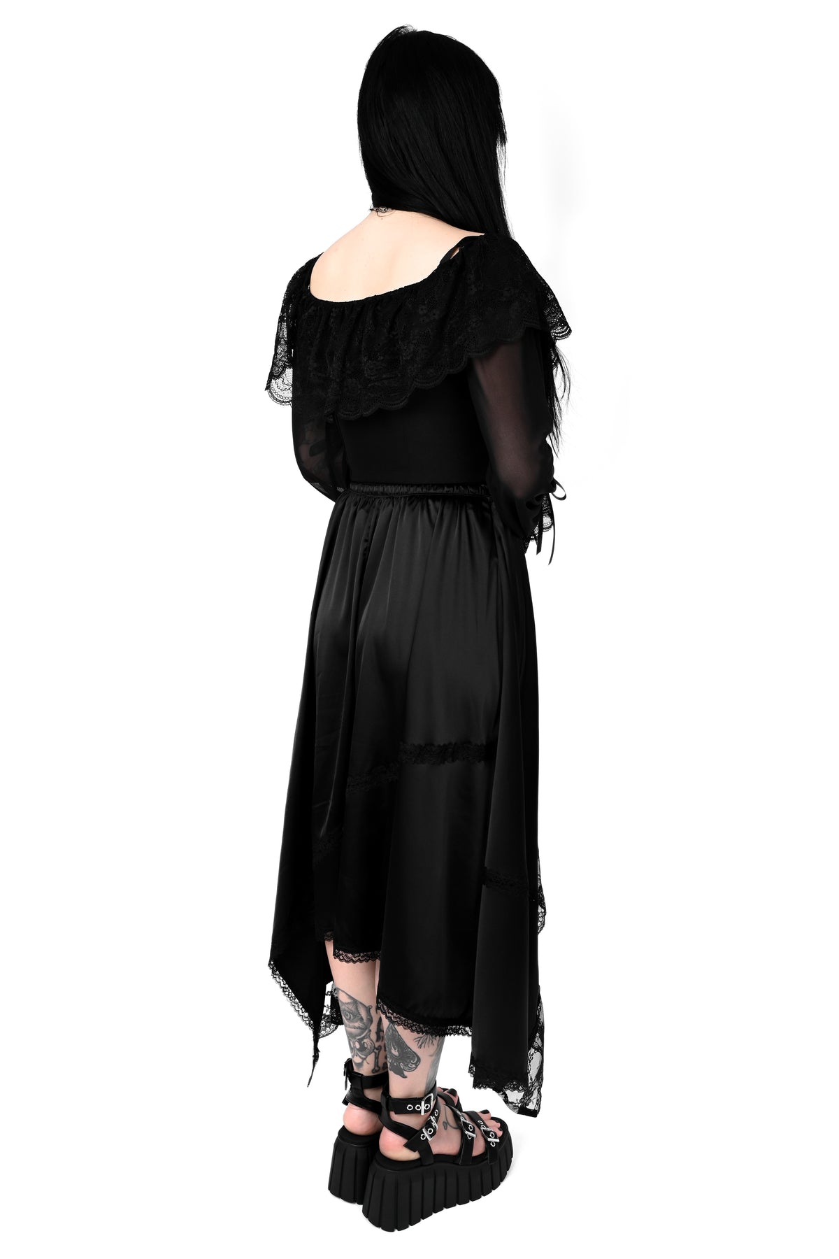 black satin handkerchief skirt with lace trim