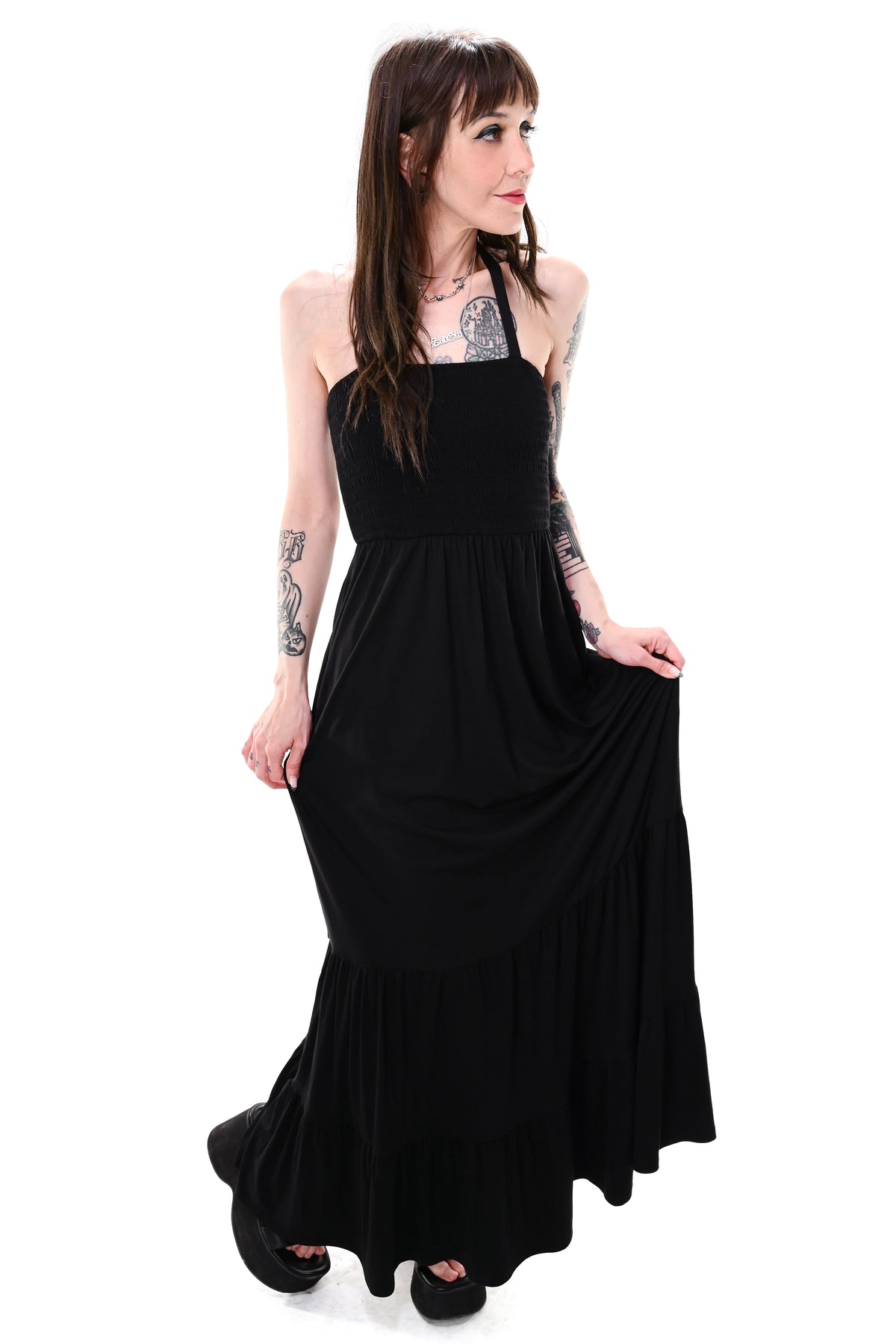 black tiered maxi dress with smocked top and halter tie straps