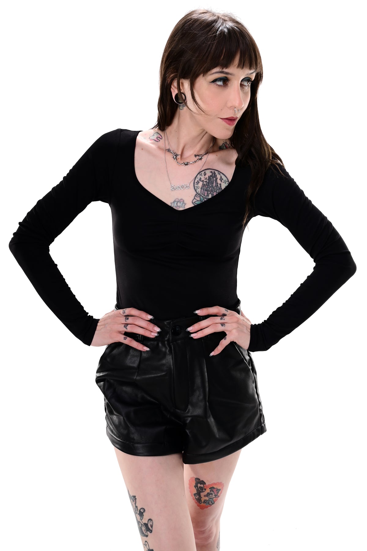 black long sleeve top with front ruching