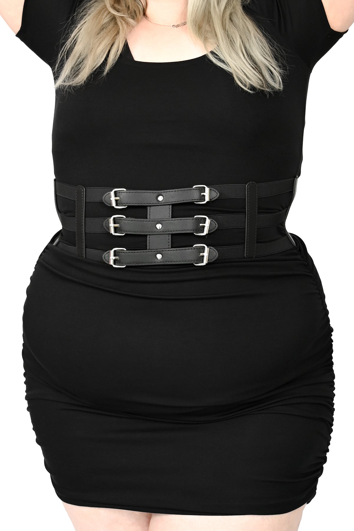 black faux leather belt with 3 buckle straps