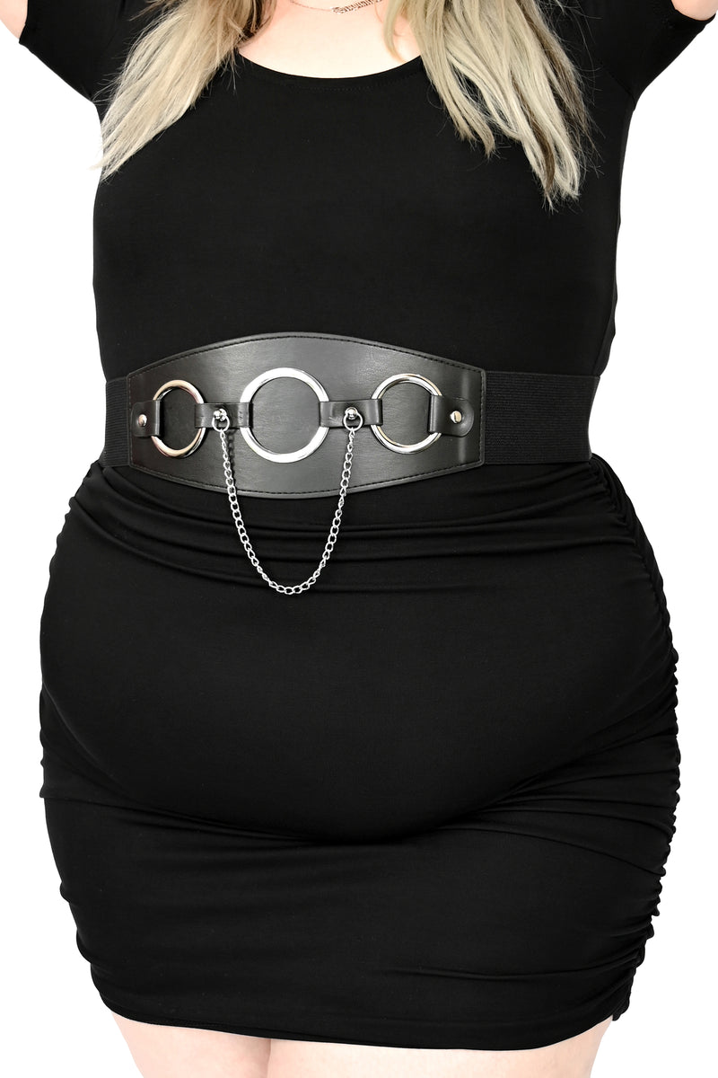 black faux leather belt with 3 silver rings and hanging silver chain