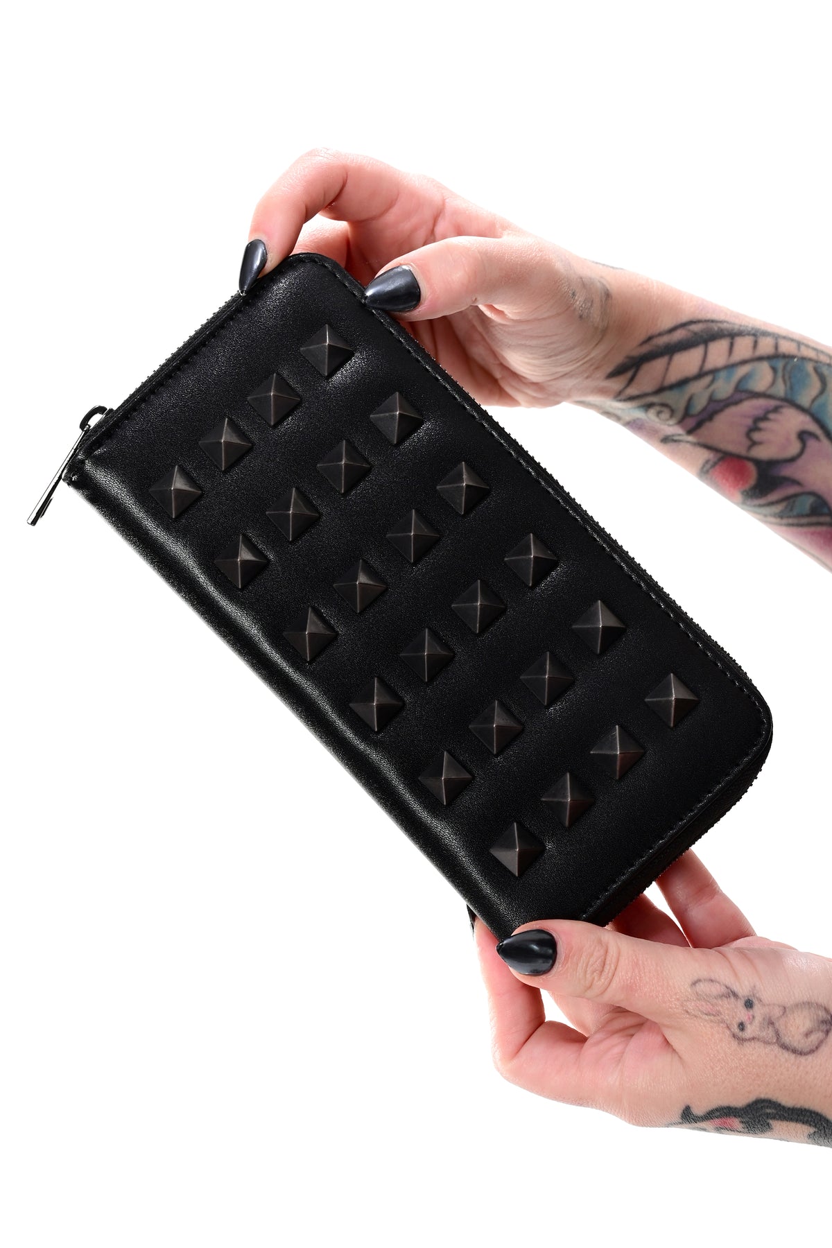 black vegan leather zip around wallet with black pyramid studs