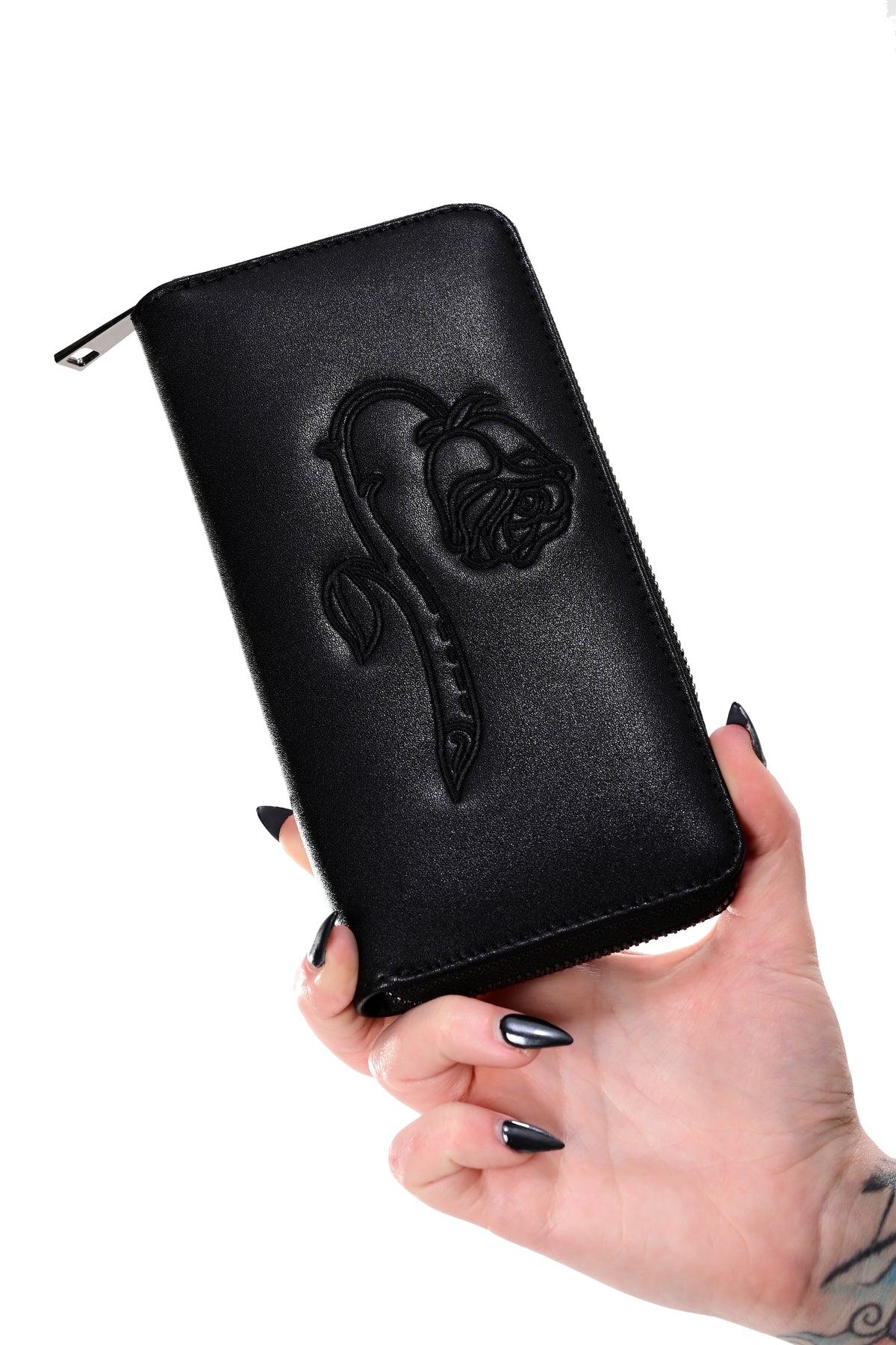 black vegan leather zip around wallet with FOXBLOOD weeping rose embroidered design on front