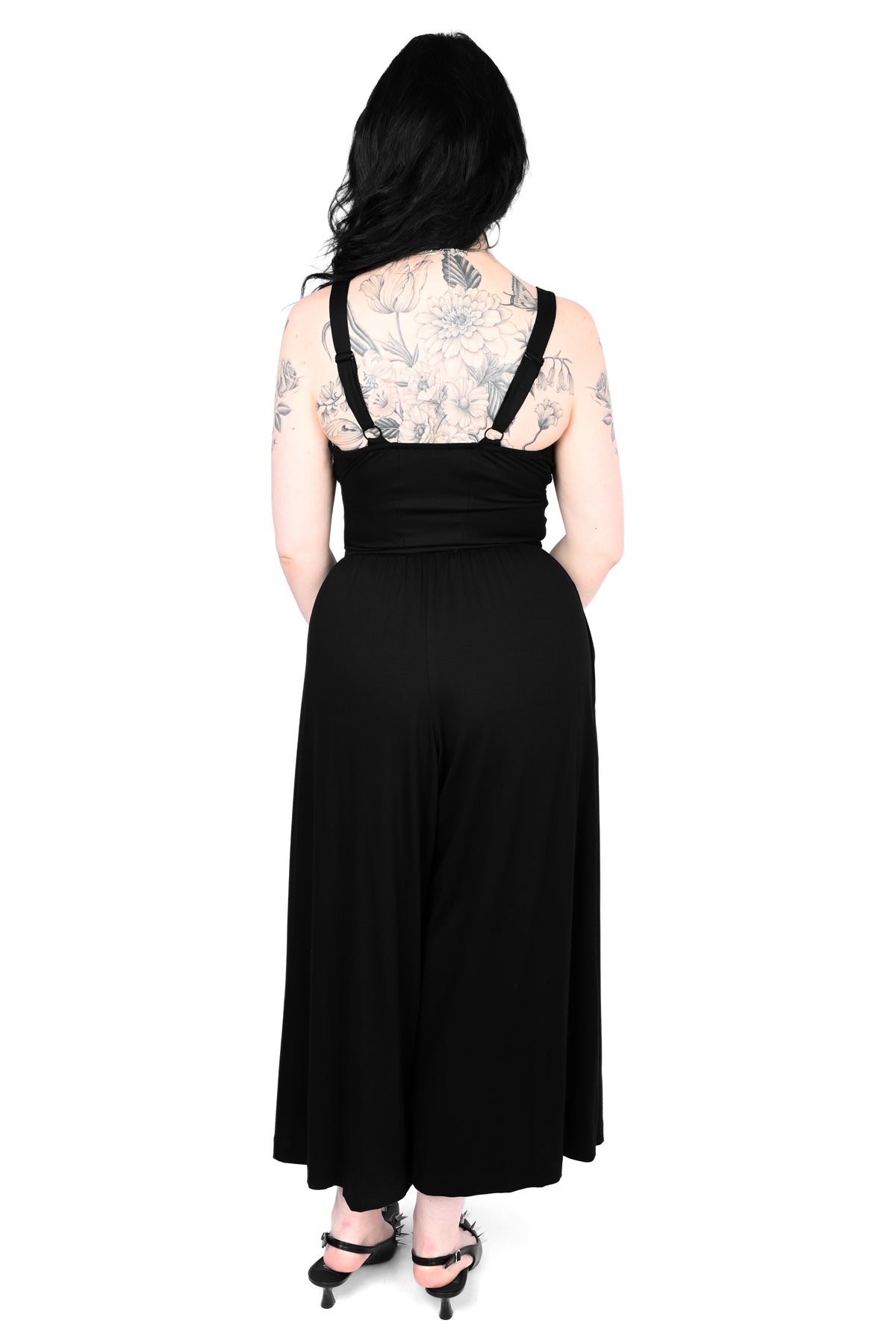 Black wide leg jumpsuit with keyhole tie on front.