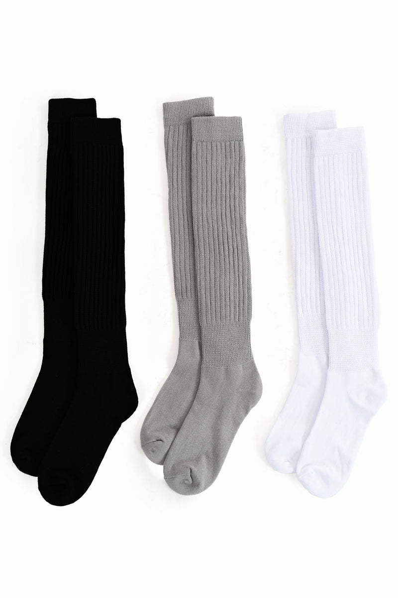 black, grey, and white scrunch socks laying flat