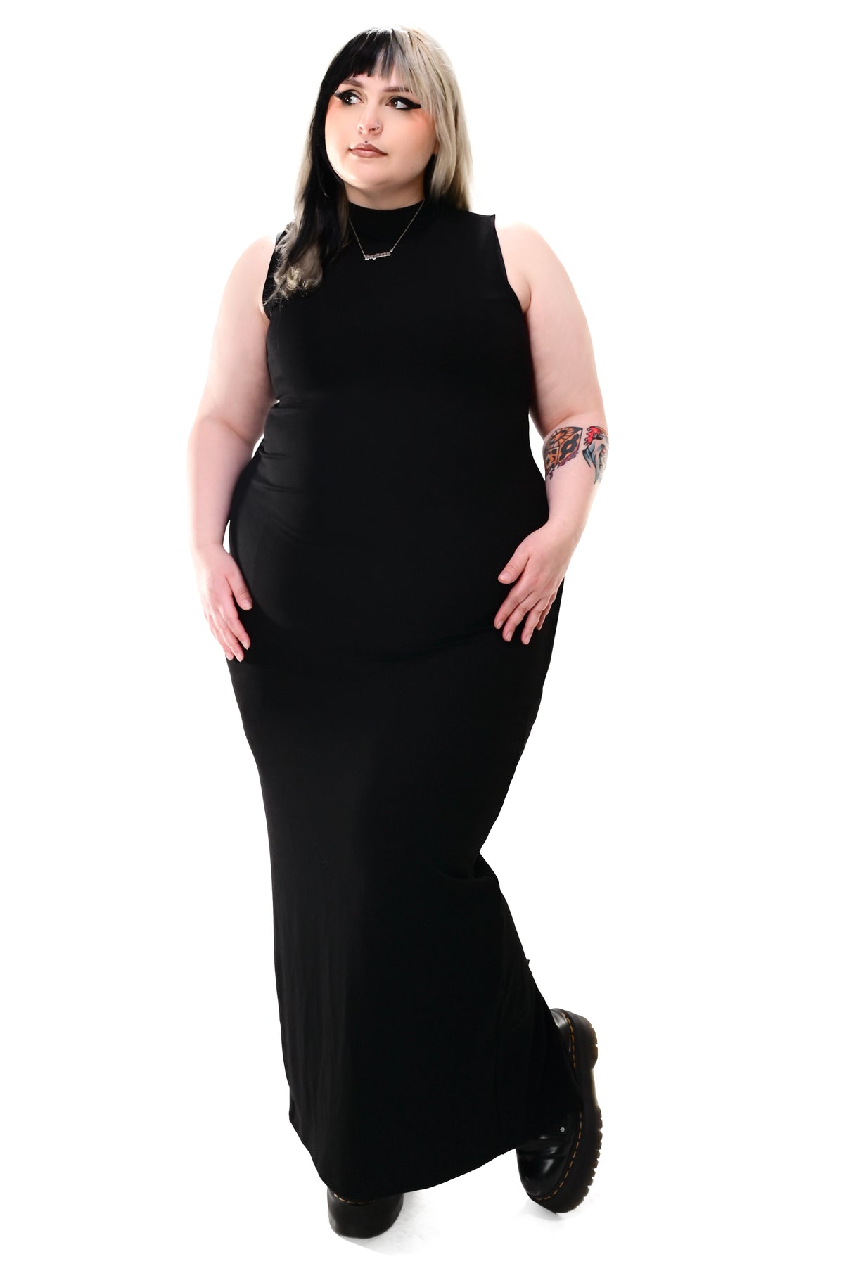 black bodycon maxi dress, sleeveless with a back slip