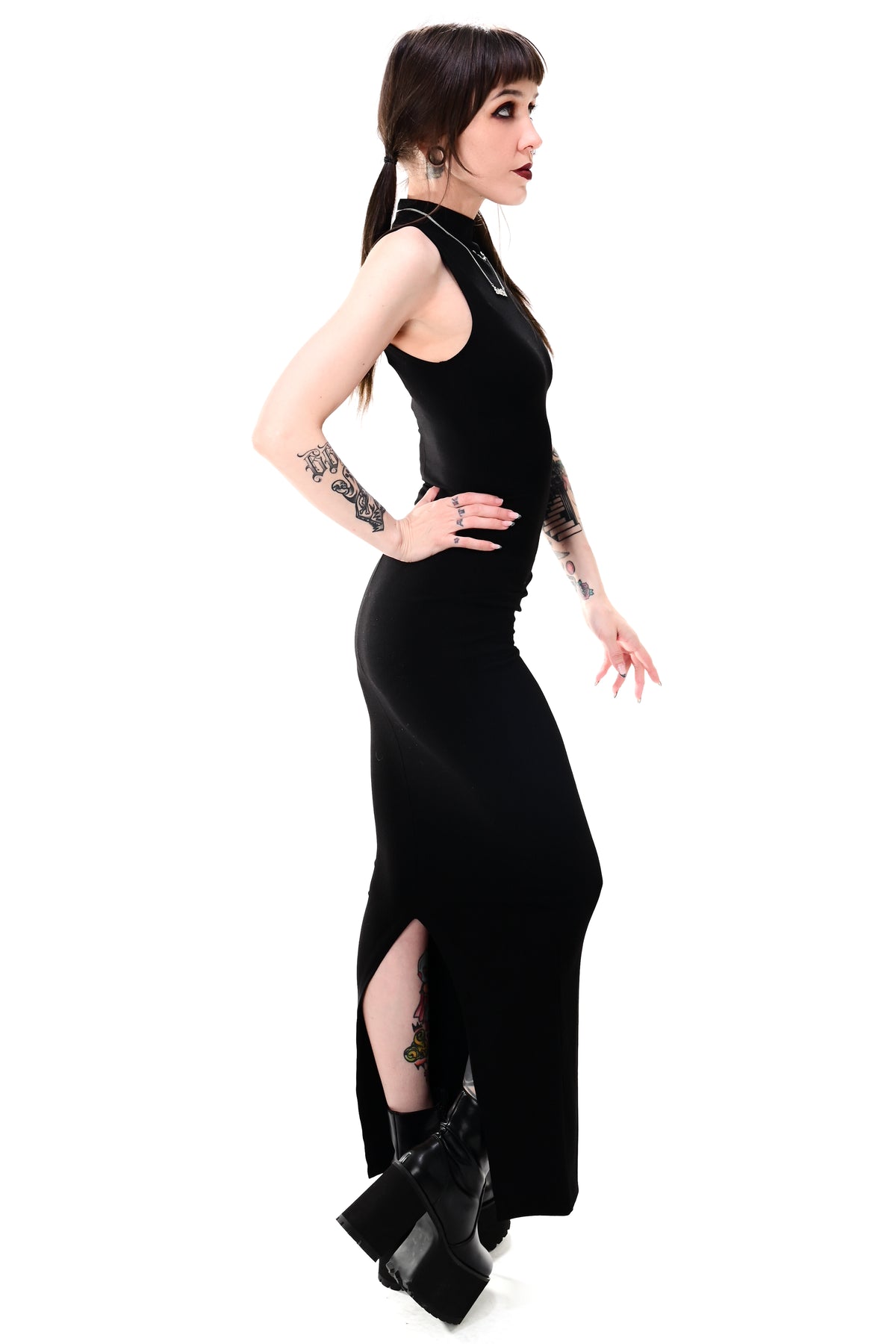 black bodycon maxi dress, sleeveless with a back slip
