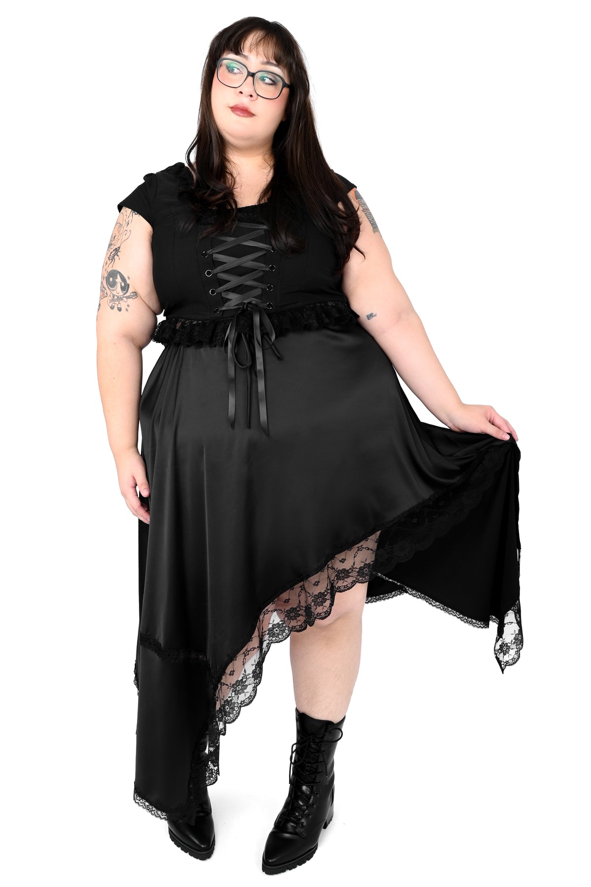 black satin handkerchief skirt with lace trim