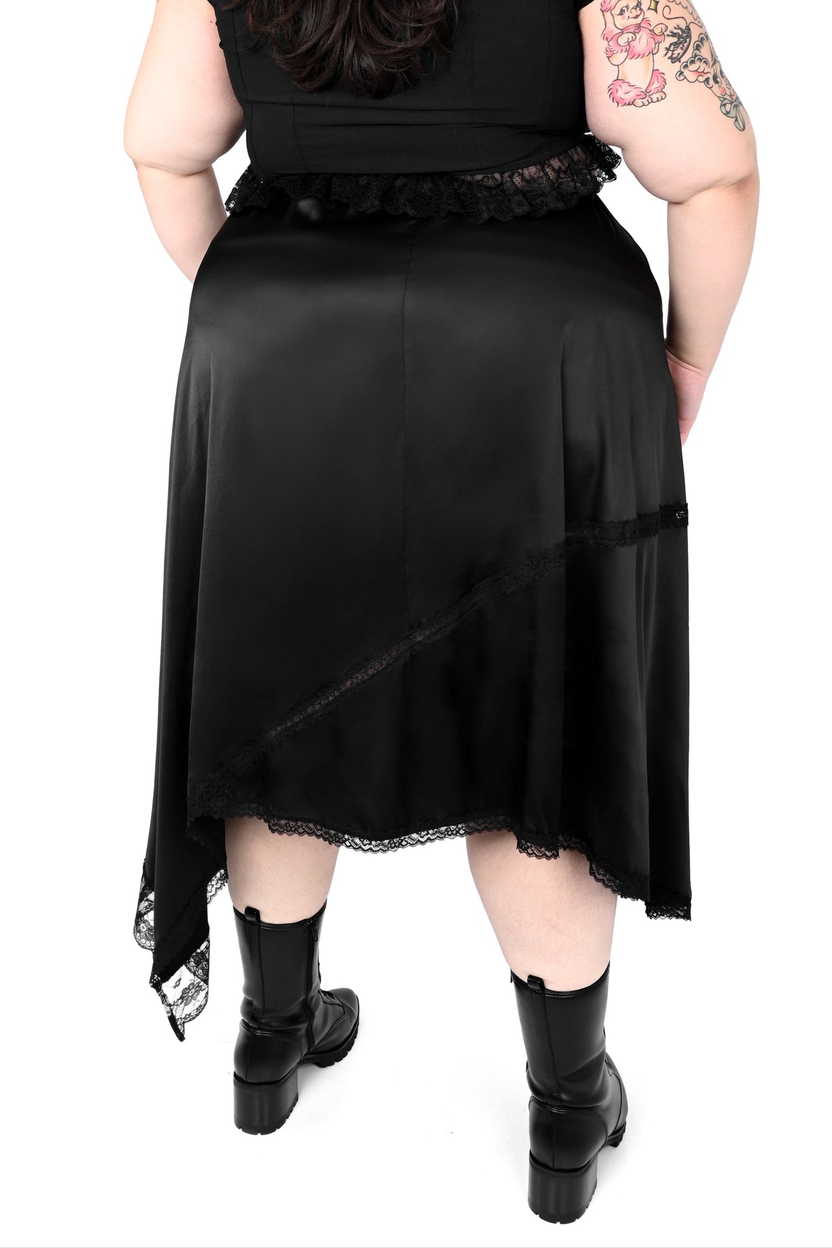 black satin handkerchief skirt with lace trim