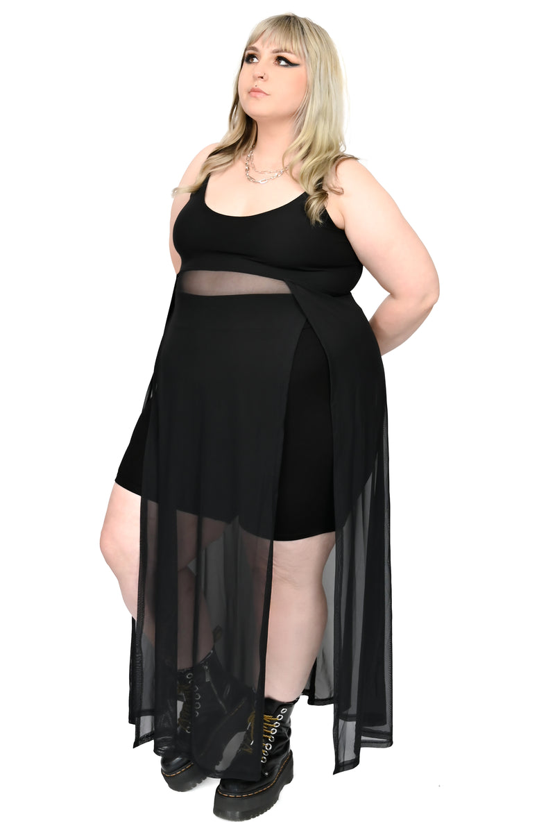 black mesh maxi length top with 2 slits