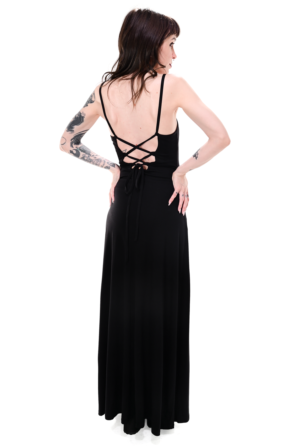 black maxi dress with spaghetti straps and corset back