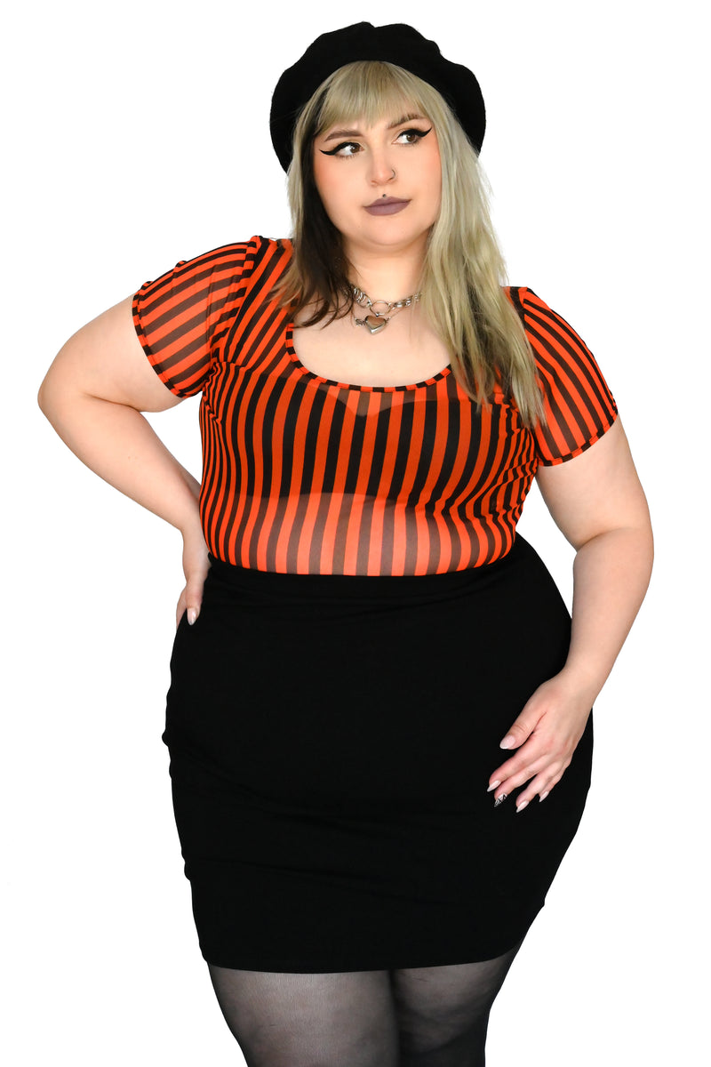 black and orange striped mesh top with scoop neck
