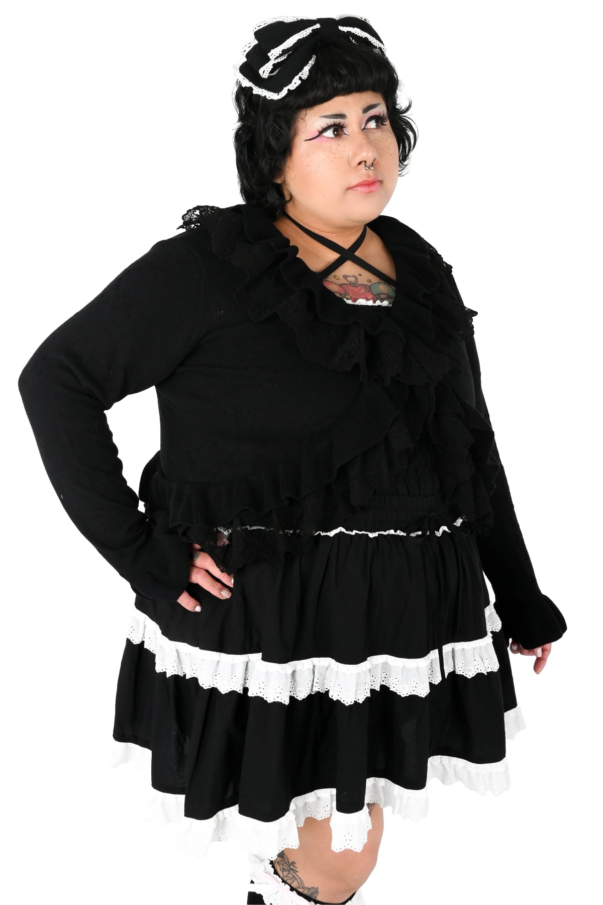 Selene Pointelle Ruffle Cardigan - Black