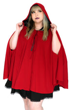 red hooded cape with front ties and black satin lining