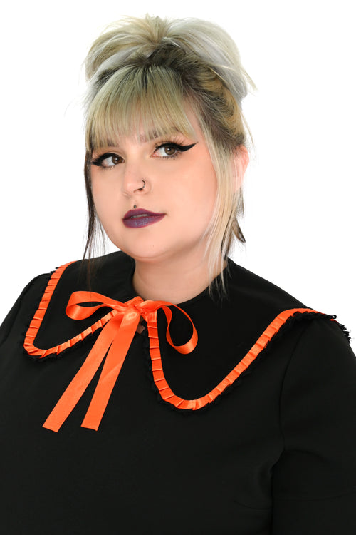 black detachable collar with orange ribbon trim and tie