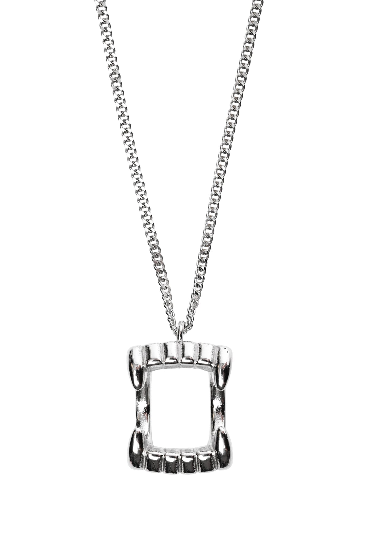 Silver vampire fang necklace on a white background