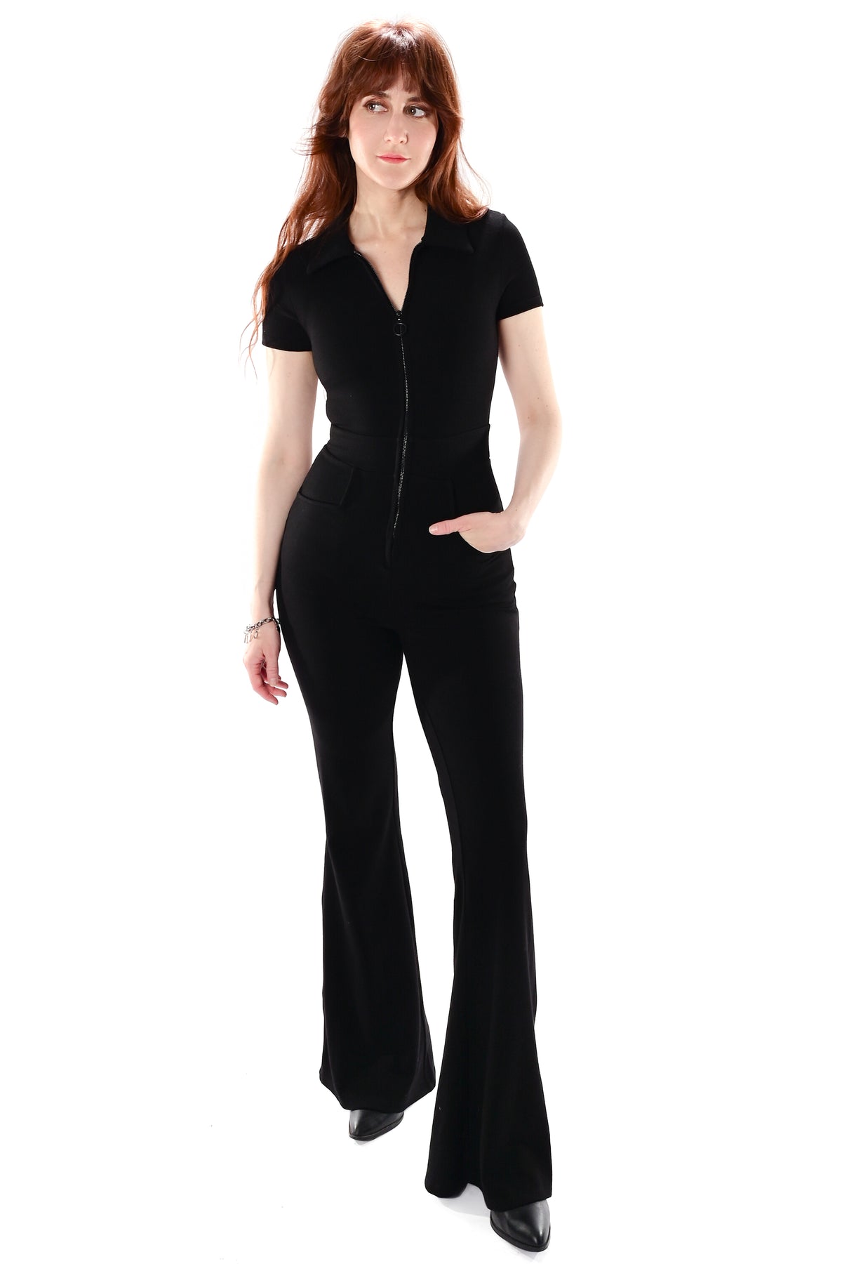 black zip up jumpsuit with collar and flared bottoms