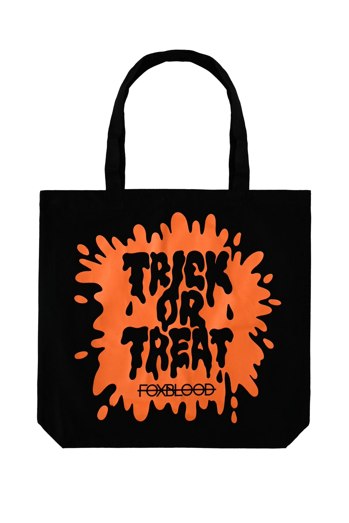 black tote back with orange "trick or treat" splat and foxblood logo