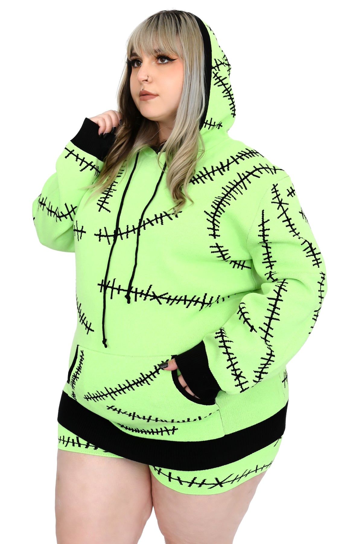 glow in the dark green hoodie with black stitches pattern