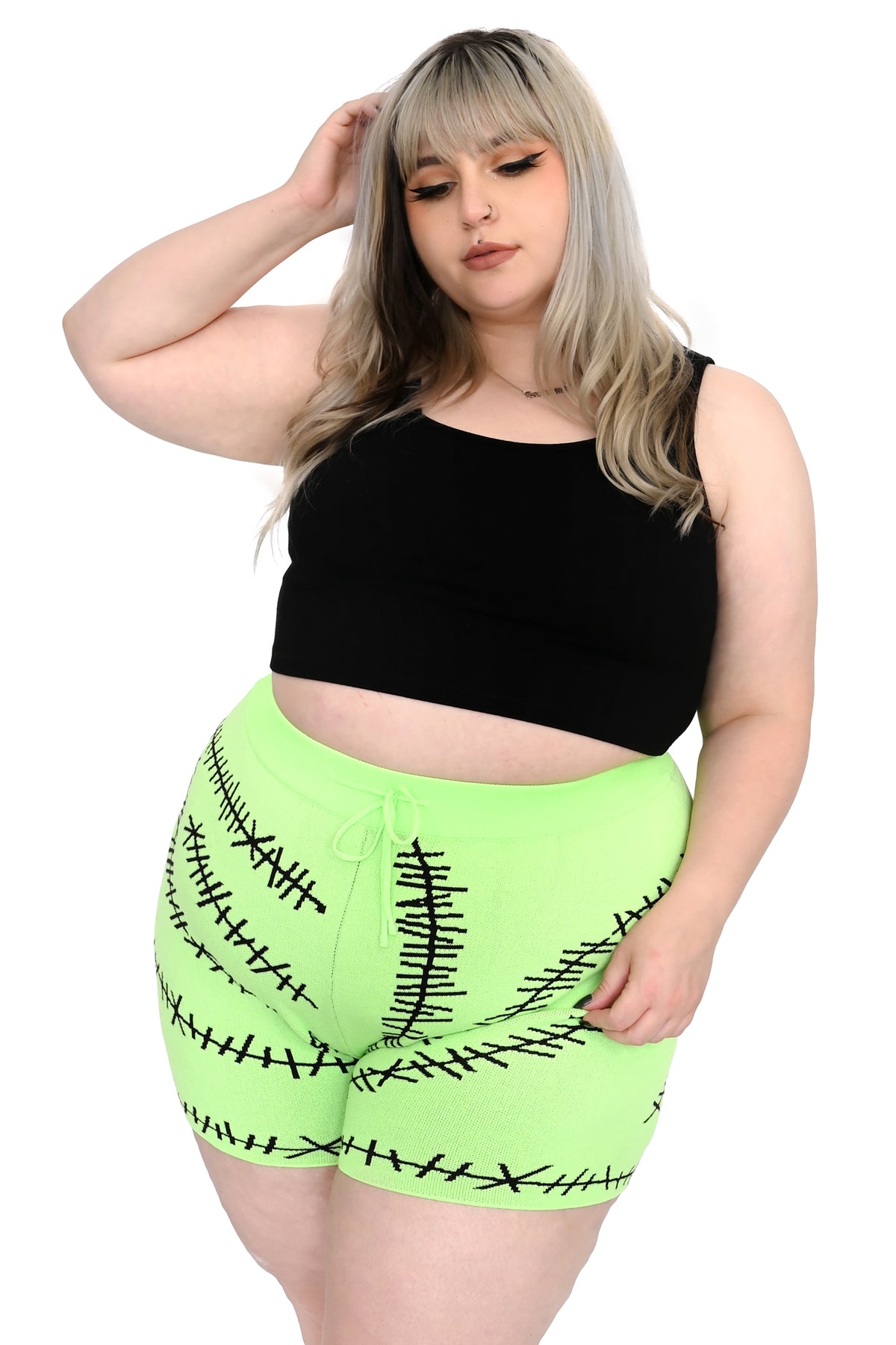 green glow in the dark shorts with black stitches pattern