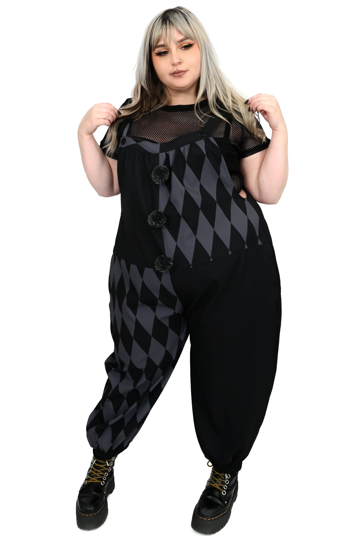 black and grey colorblock overalls with harlequin diamond print and front pom poms