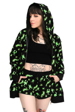 black zip up hoodie with with green glow in the dark bug print