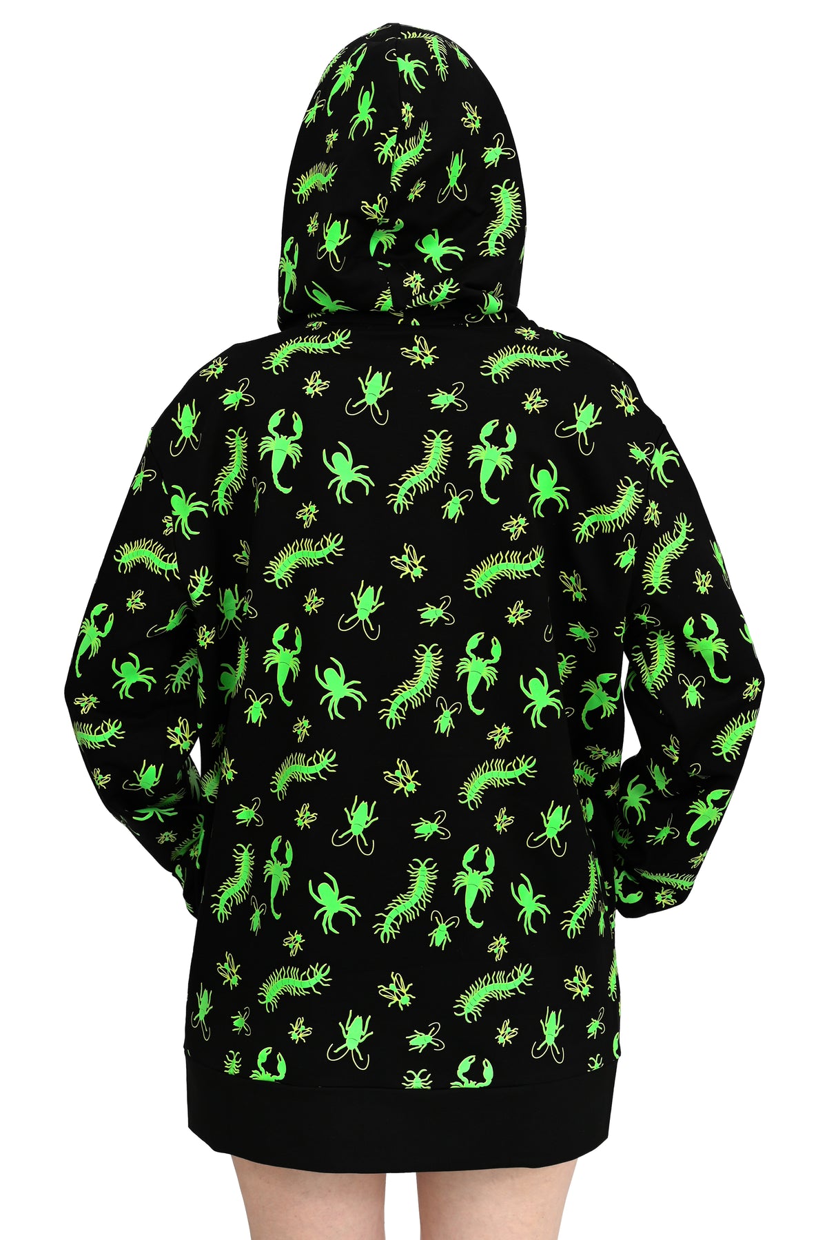 black zip up hoodie with with green glow in the dark bug print