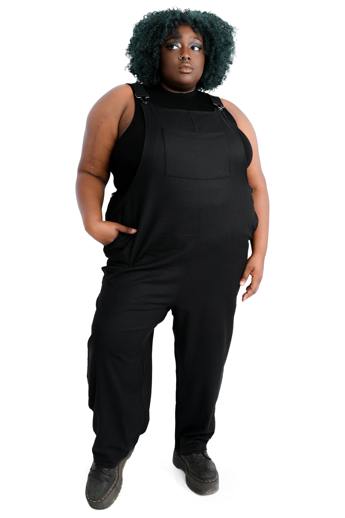 black overalls with silver hardware