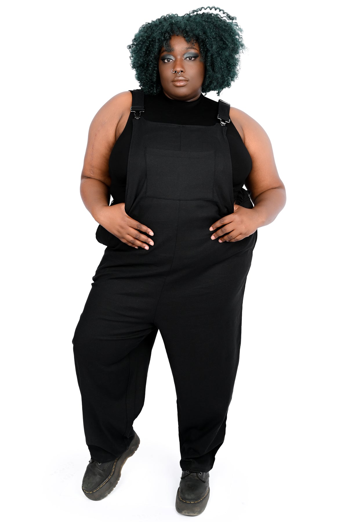 black overalls with silver hardware