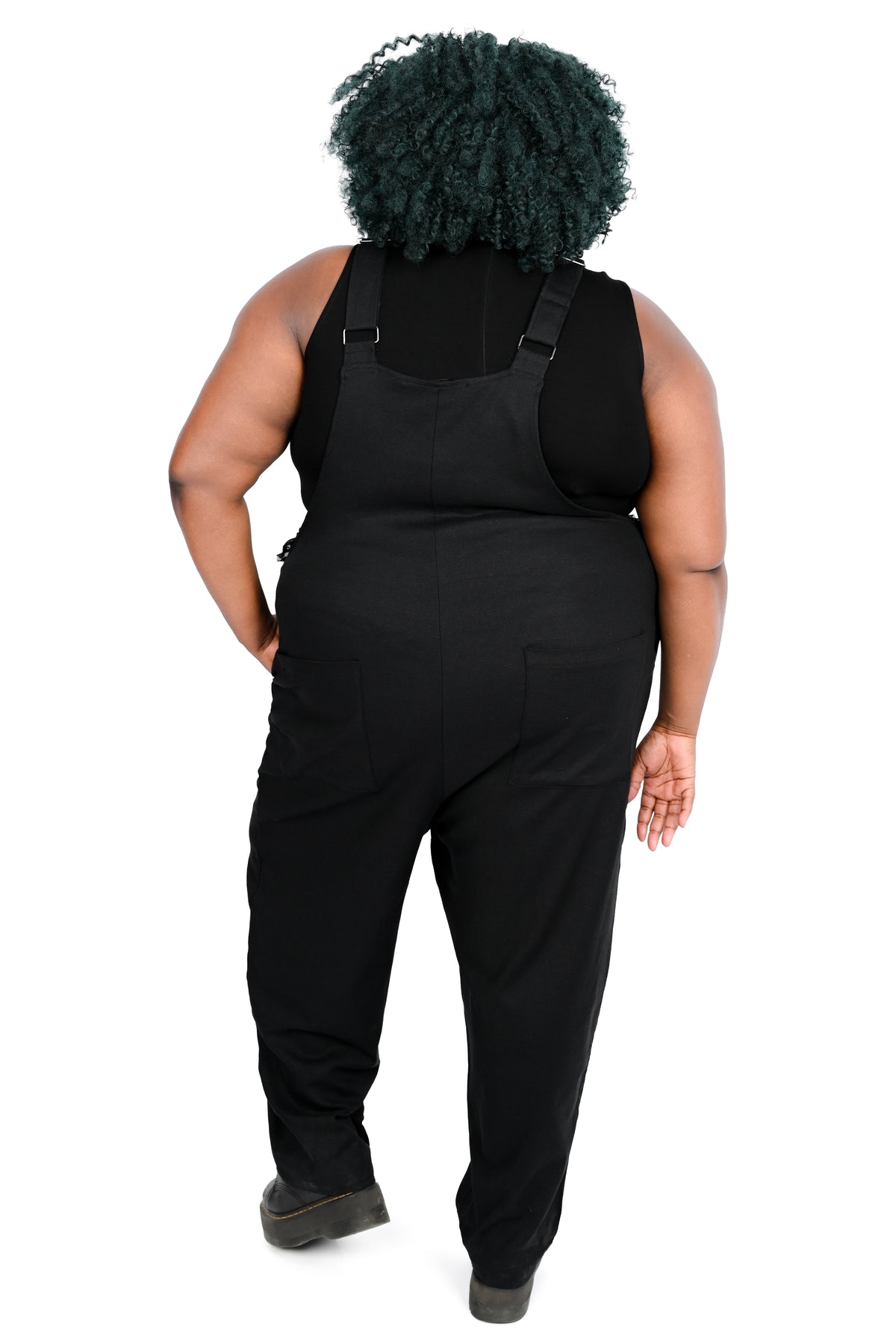 black overalls with silver hardware