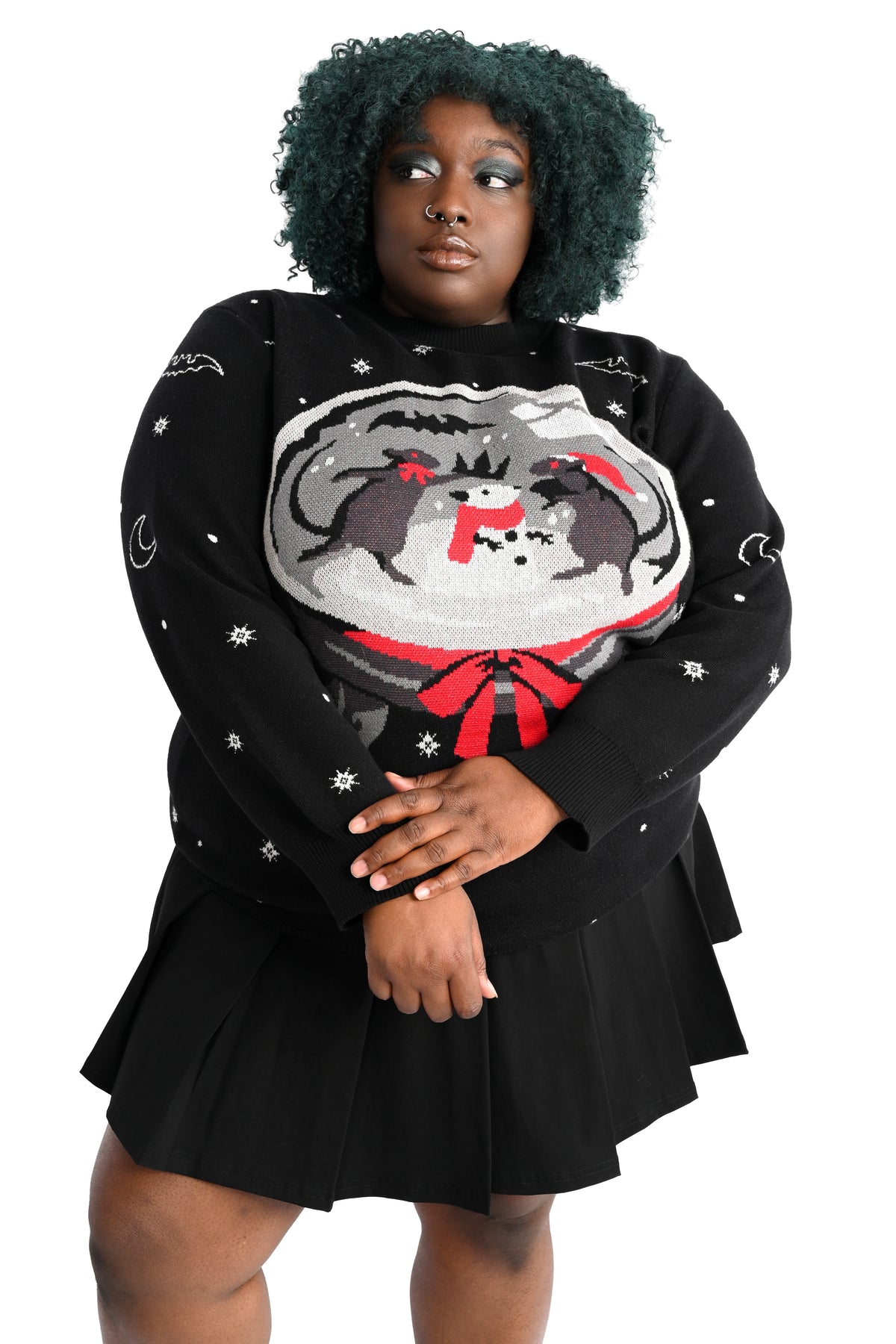 black holiday sweater with a snowglobe featuring 2 rats building a rat snow man