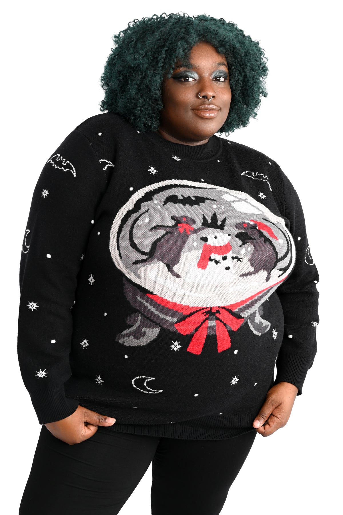 black holiday sweater with a snowglobe featuring 2 rats building a rat snow man