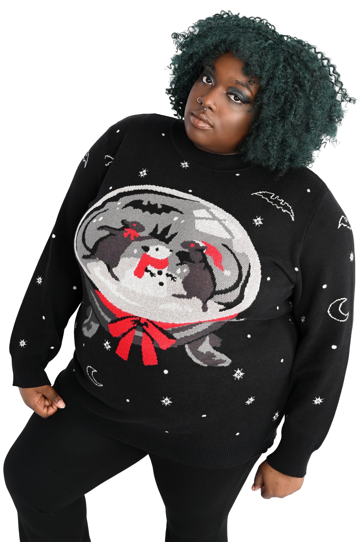 black holiday sweater with a snowglobe featuring 2 rats building a rat snow man