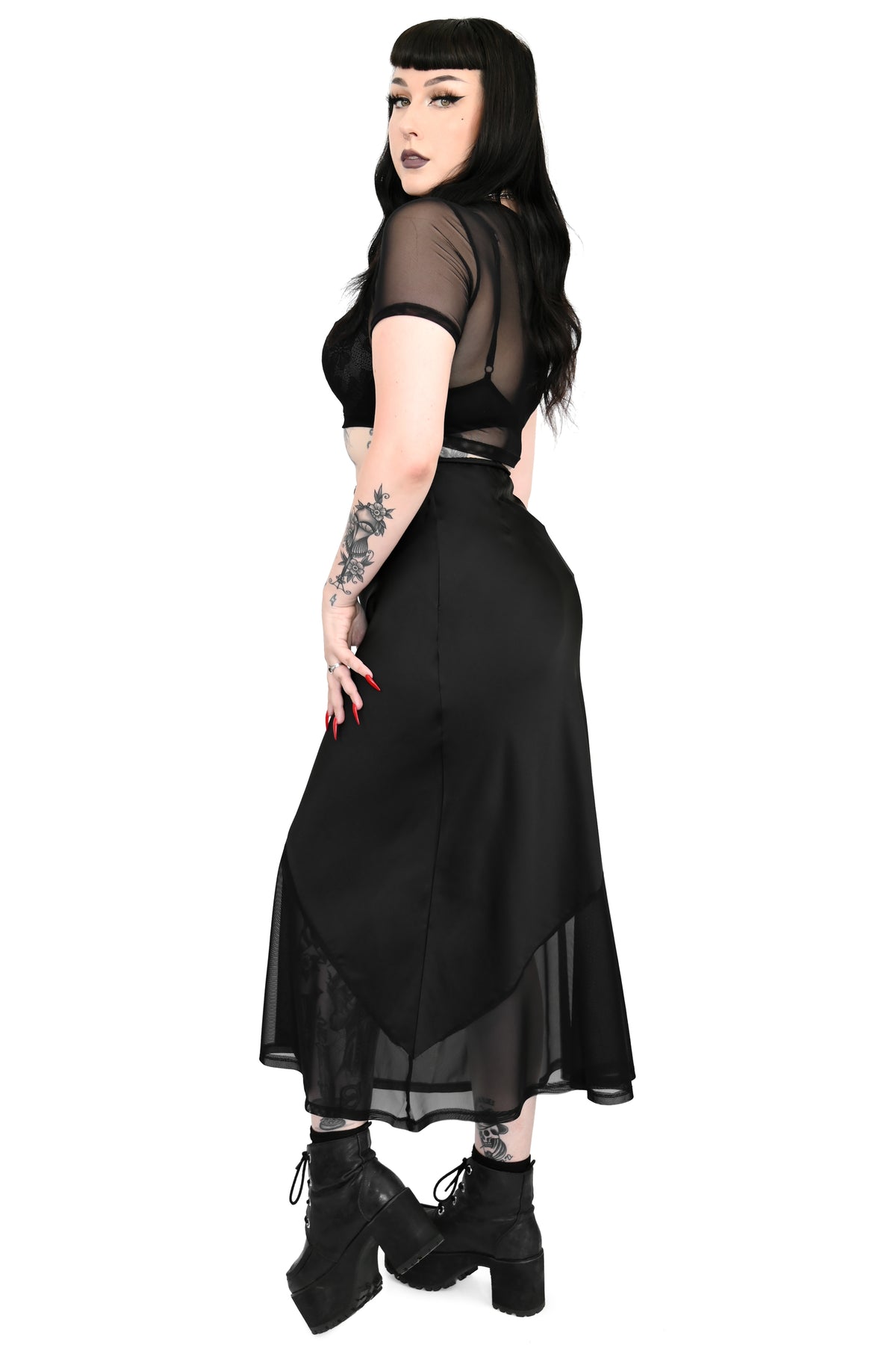 black satin maxi skirt with waist tie and mesh bottom panel