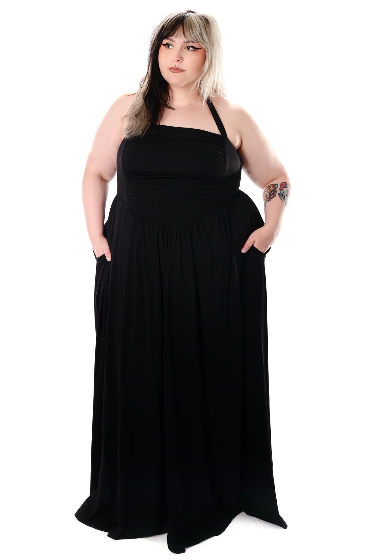 black maxi dress with halter tie straps and princess waistline