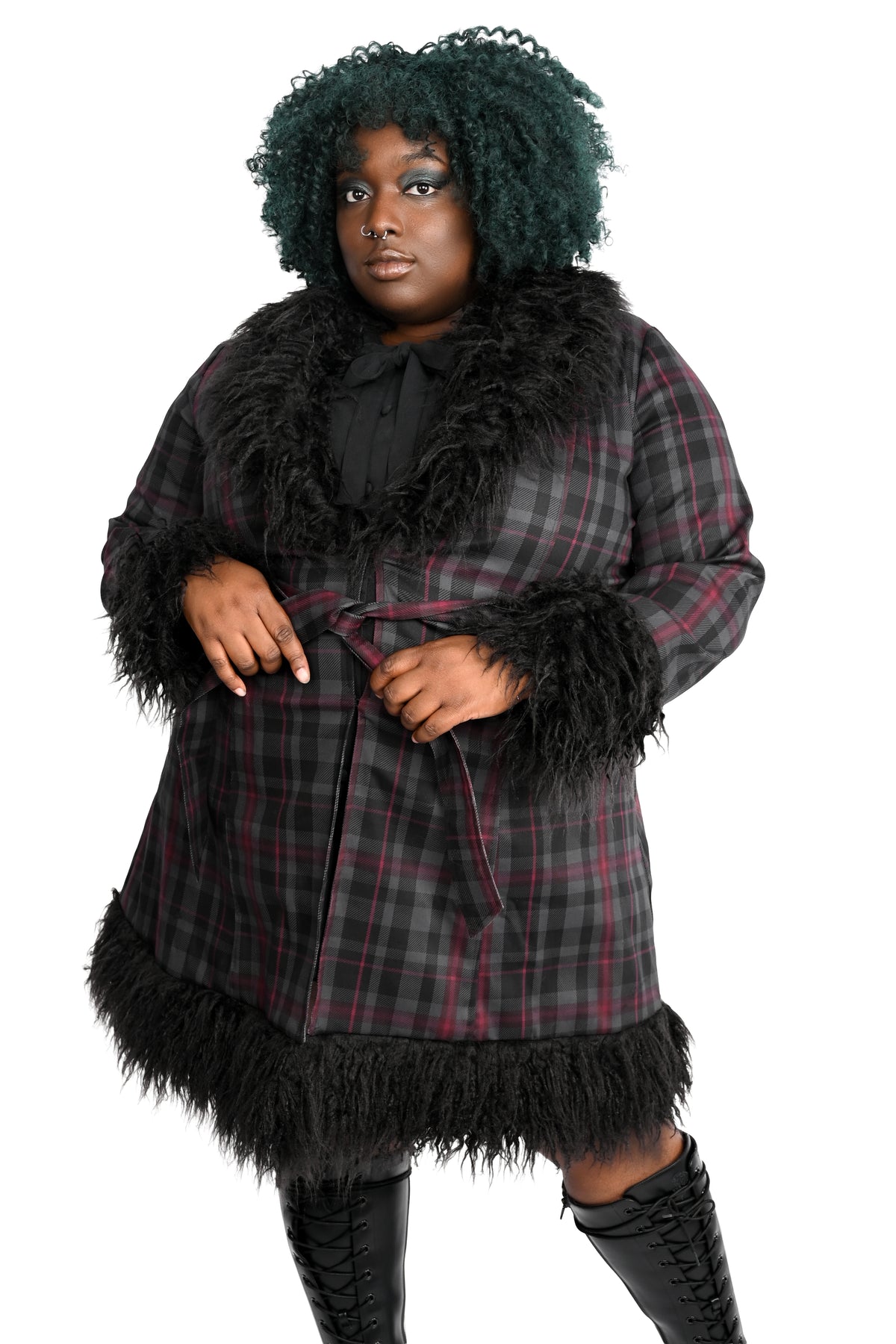 long grey and burgundy plaid coat with faux fur trim