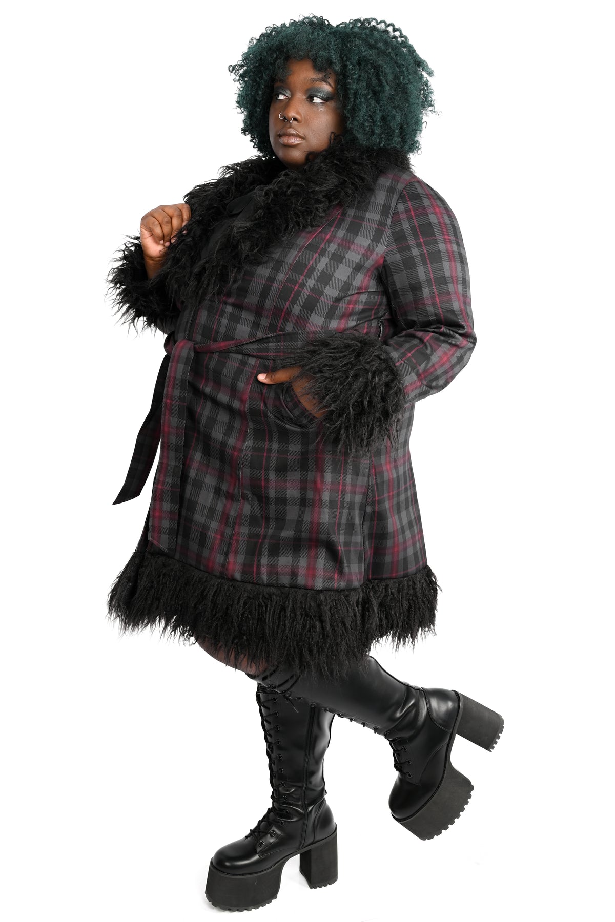 long grey and burgundy plaid coat with faux fur trim